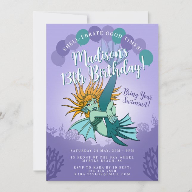 Invitation Mignonne caricature Sirène fille pourpre 13e anniv (Devant)