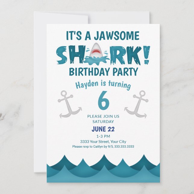 Invitation Mignonne C'est une fête d'anniversaire de requin J (Devant)