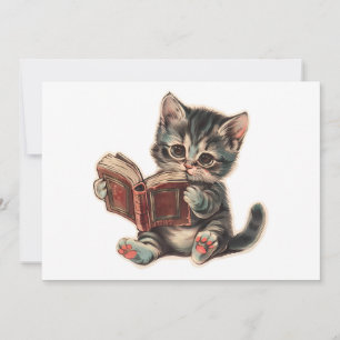 Invitation Mignonne chat lecture livre enfants rétro illustra