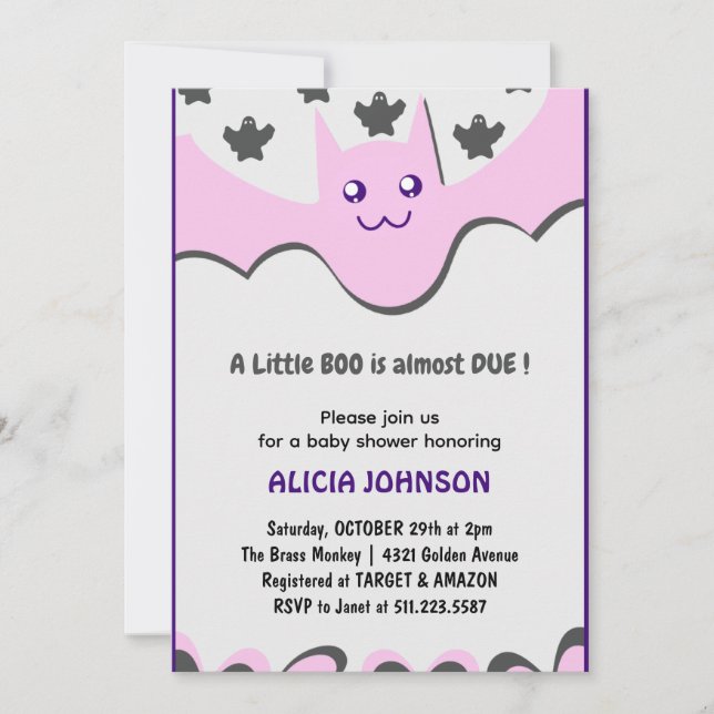 Invitation Mignonne chauve-souris pourpre Petit boo baby show (Devant)