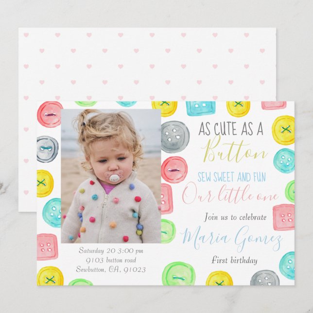 Invitation Mignonne comme un bouton premier anniversaire phot (Devant / Derrière)