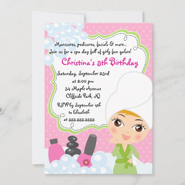Invitation mignonne de fête d'anniversaire de spa (Devant)