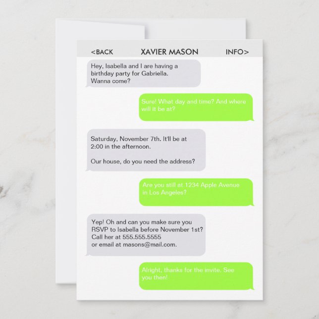 Invitation mignonne de partie de message textuel (Devant)