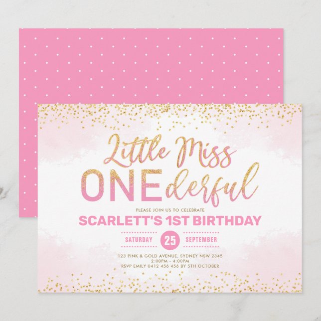 Invitation Mignonne d'or rose fine Miss 1er anniversaire (Devant / Derrière)