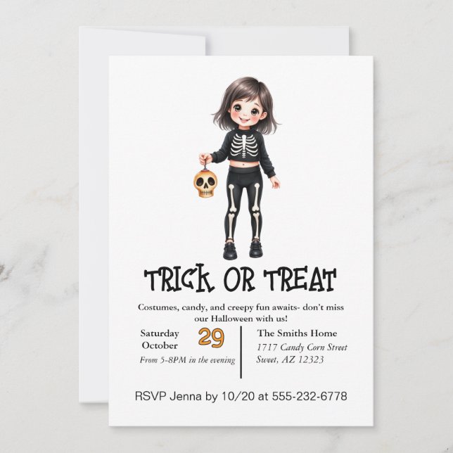 Invitation Mignonne Enfant Squelette À L'Halloween En Costume (Devant)
