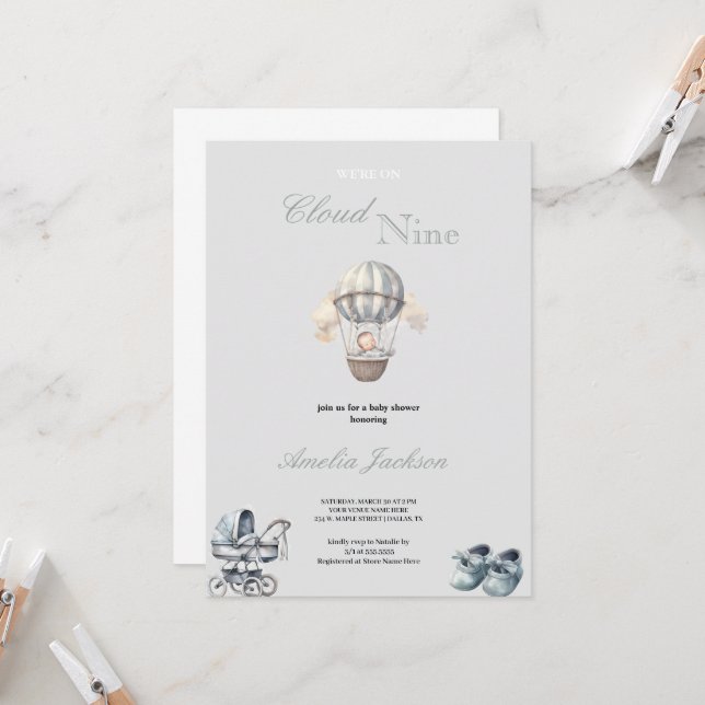 Invitation mignonne et simple gris garçon bébé douche invitat (Devant/Arrière en situation)