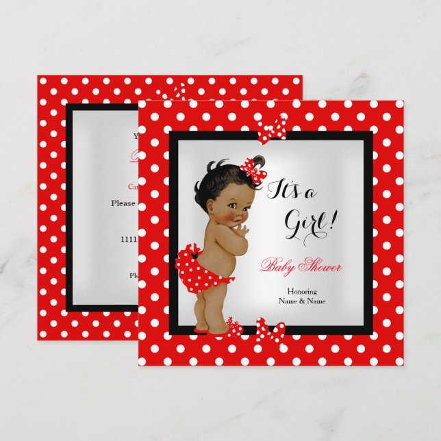 Invitation Mignonne fille Baby shower rouge Noir ethnique (Devant / Derrière)