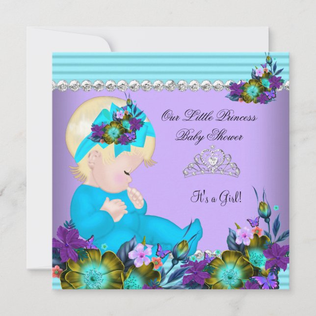 Invitation Mignonne fille Baby shower Turquoise Bleu pourpre  (Devant)