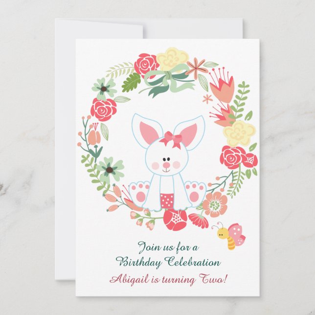 Invitation Mignonne fille lapin et Flower Wreath Anniversaire (Devant)