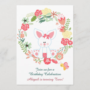 Invitation Mignonne fille lapin et Flower Wreath Anniversaire