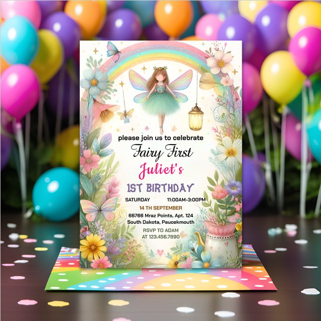 Invitation mignonne Floral Rose fille fée premier 1er anniver (Créateur téléchargé)