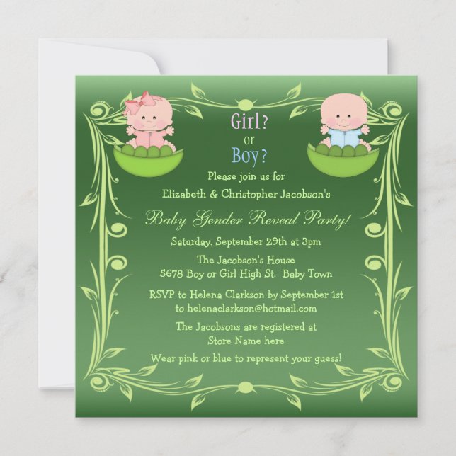 Invitation Mignonne Genre Révéler les bébés dans les pois de  (Devant)