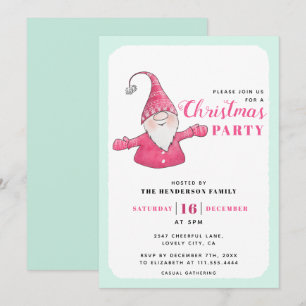 Invitation Mignonne Gnome Soirée de Noël verte et rose