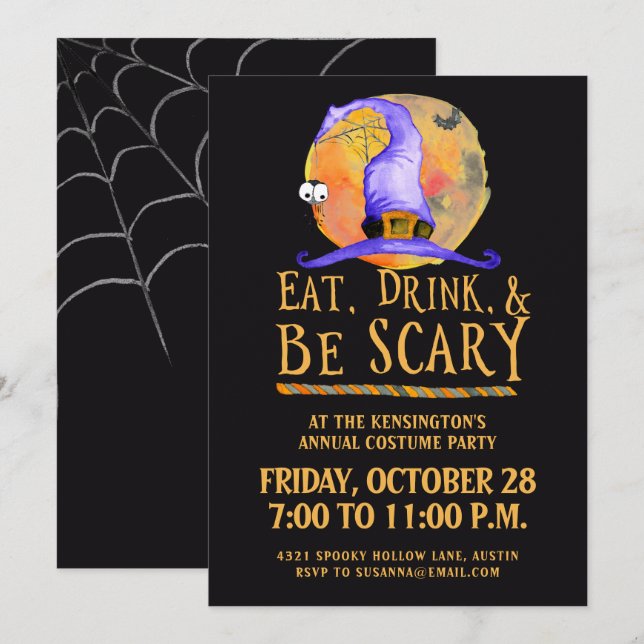 Invitation Mignonne Halloween Manger Boire Soit Fête Costume  (Devant / Derrière)