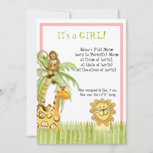Invitation Mignonne Jungle Singe Giraffe Lion Nouveau-né bébé (Devant)