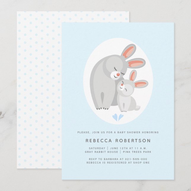 Invitation Mignonne lapin mère et lapin bleu bébé garçon douc (Devant / Derrière)