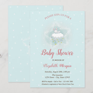 Invitation Mignonne lapin, Nuage, Etoiles Baby shower de poin