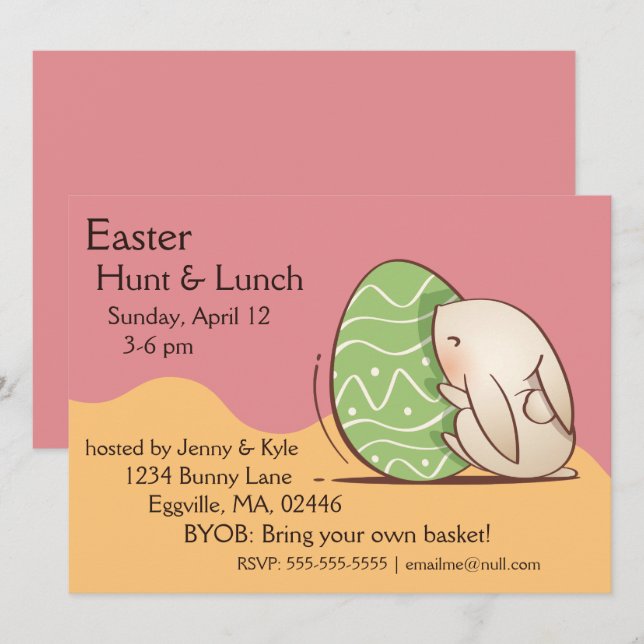 Invitation Mignonne lapin poussant l'oeuf vert de Pâques (Devant / Derrière)