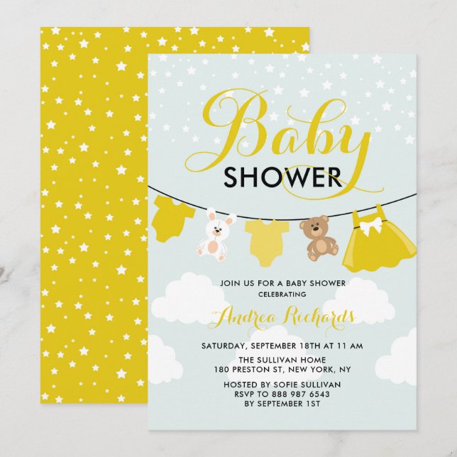 Invitation Mignonne ligne vêtements Jaune C'est un Baby showe (Devant / Derrière)