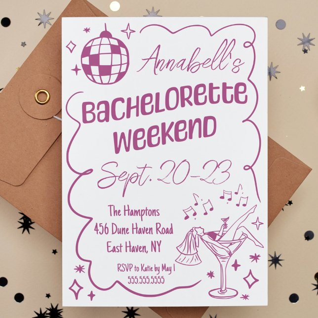 Invitation Mignonne Main Drad Disco Bachelorette Party Week-e (purple bachelorette party weekend invitation hand drawn disco cocktail modern weekend itinerary cute)