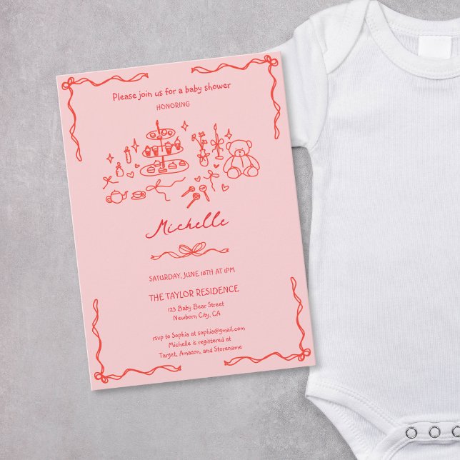 Invitation Mignonne main Whimsical tiré Baby shower rose roug (whimsical hand drawn baby shower invitation in red and pink )