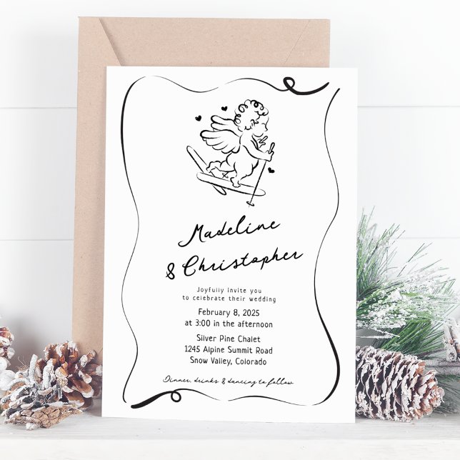 Invitation Mignonne Mains Whimsical Tirée Cupide Ski Mariage  (Créateur téléchargé)