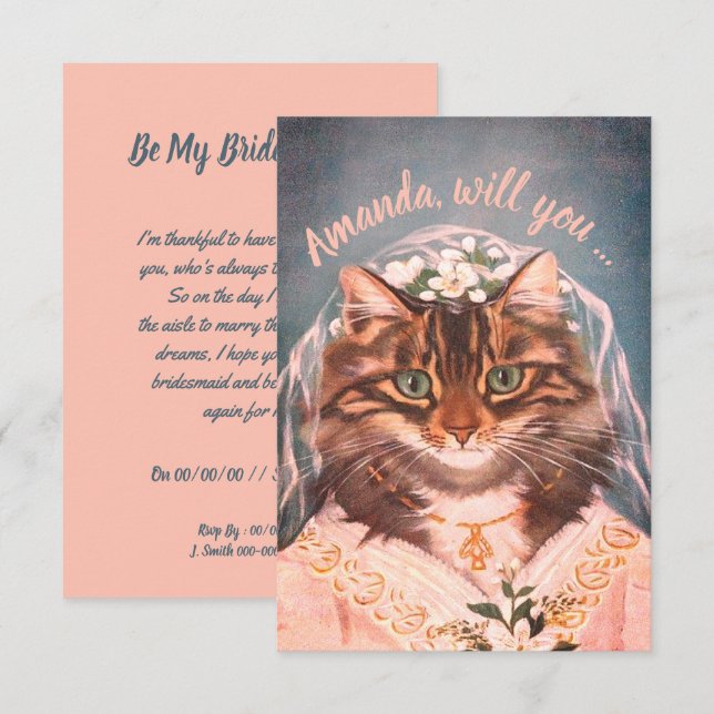 Invitation Mignonne mariée de chat soit ma demoiselle d'honne (Devant / Derrière)