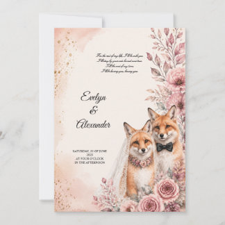 Invitation Mignonne Mariée Renard et Marié Rose Floral Or