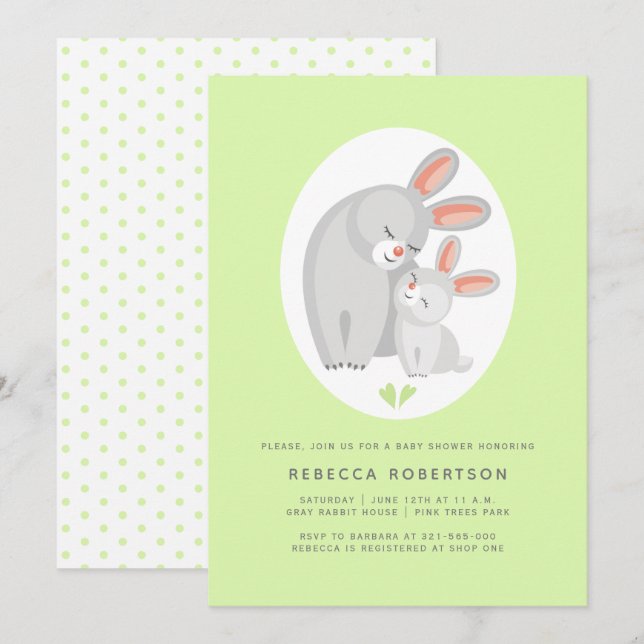 Invitation Mignonne mère lapin, lapin vert pâle baby shower (Devant / Derrière)