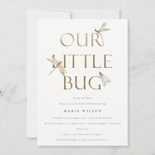 Invitation Mignonne Notre petit Baby shower de libellule d'or (Devant)
