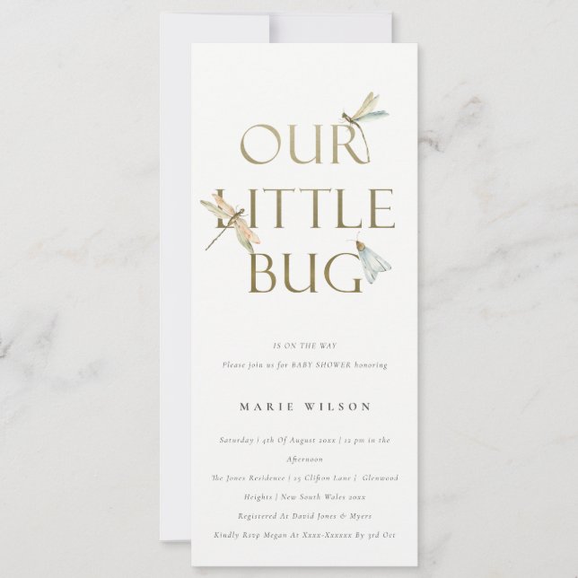 Invitation Mignonne Notre petit Baby shower de libellule d'or (Devant)