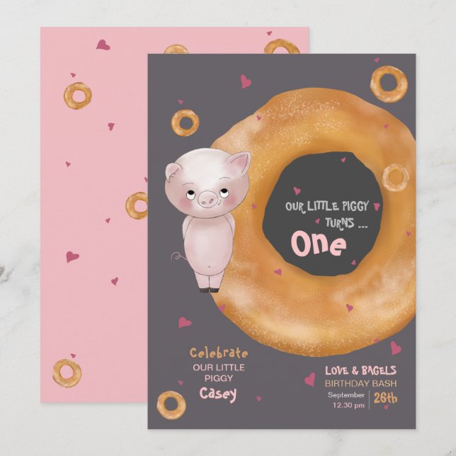 Invitation Mignonne "NOTRE PETITE PIGGIE" | "Amour & Bagels" (Devant / Derrière)