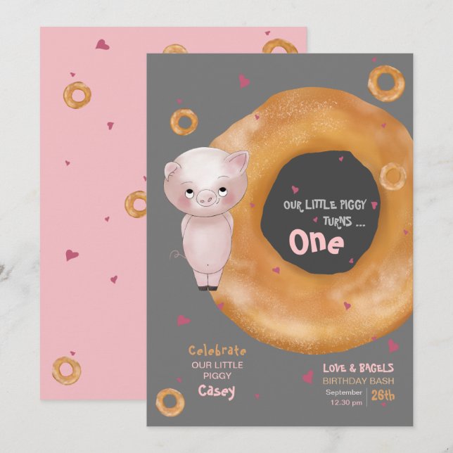 Invitation Mignonne "NOTRE PETITE PIGGIE" | "Amour & Bagels" (Devant / Derrière)