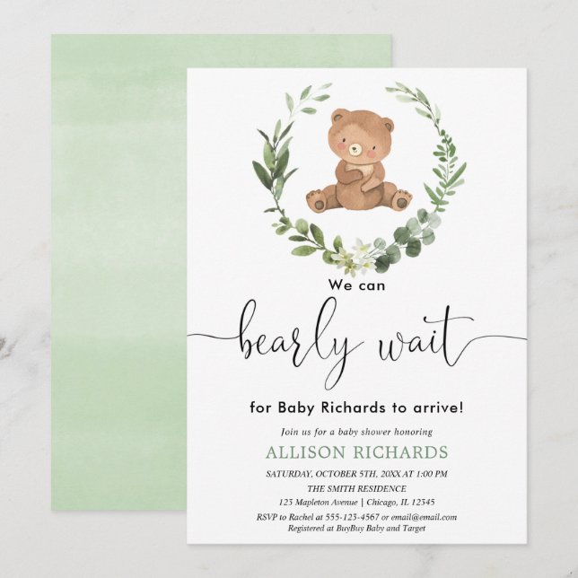 Invitation Mignonne ours baby shower eucalyptus neutre de gen (Devant / Derrière)