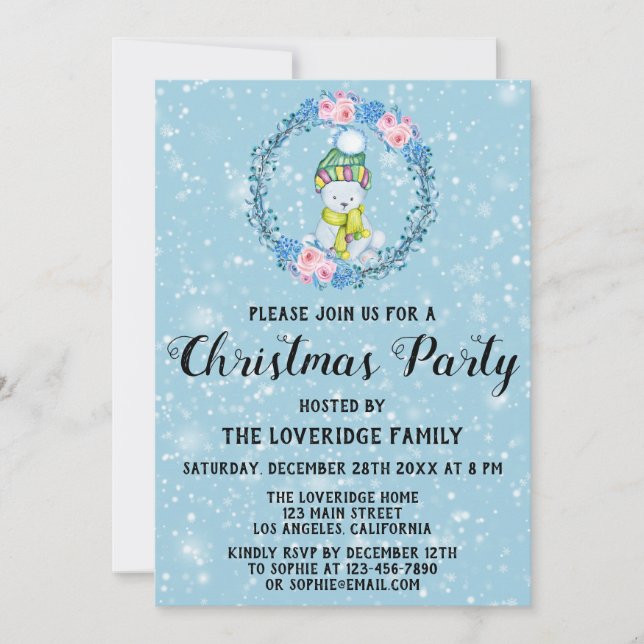 Invitation Mignonne ours Wreath Fête de Noël Fête de la neige (Devant)