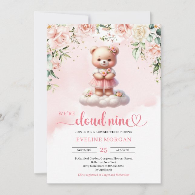Invitation Mignonne ourson nuage de neuf filles baby shower i (Devant)