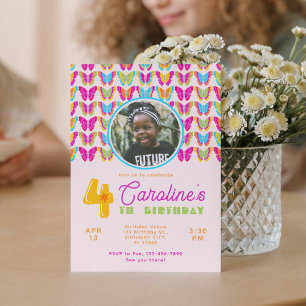 Invitation Mignonne Papillons colorés Fille 4e fête d'anniver