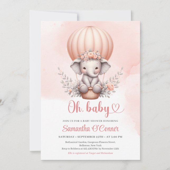 Invitation Mignonne petit éléphant en rose montgolfière fille (Devant)