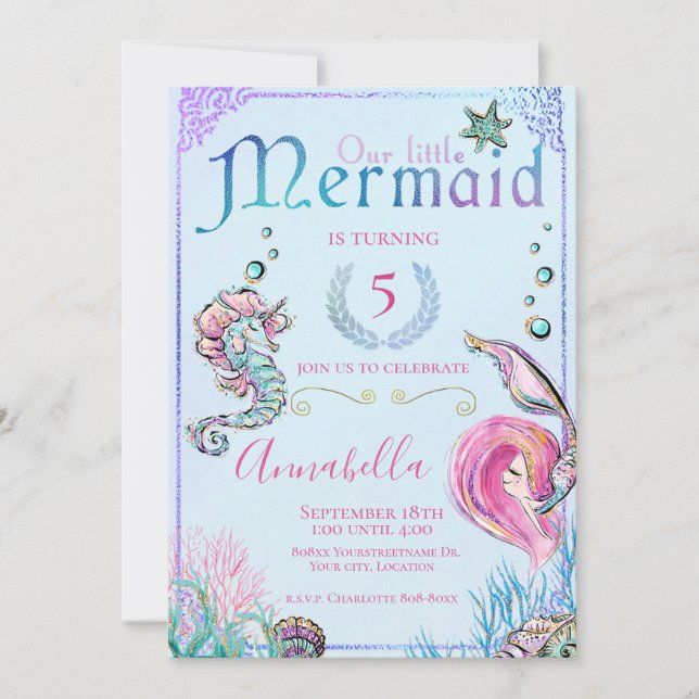 Invitation Mignonne petite sirène sous la fête de la mer (Devant)