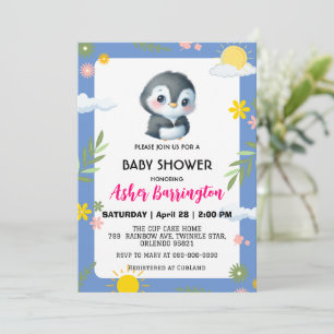 Invitation Mignonne pingouin soleil fleur baby shower enfants