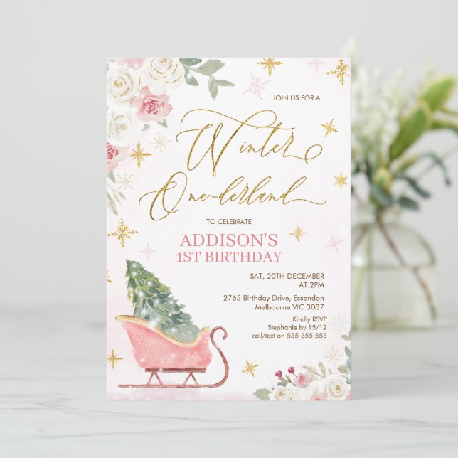 Invitation Mignonne Pink Sleigh Winter Onederland 1er anniver (Debout devant)
