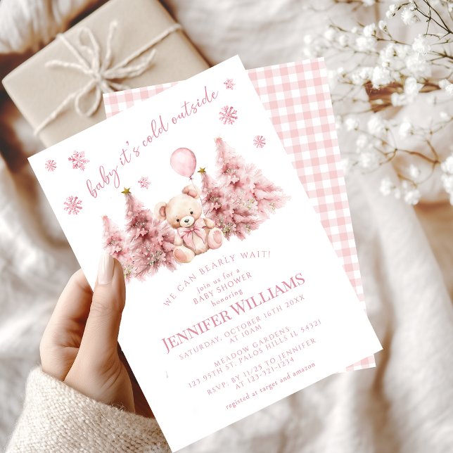 Invitation Mignonne Rose Or Hiver Teddy Ours Bébé fille Douch (Créateur téléchargé)