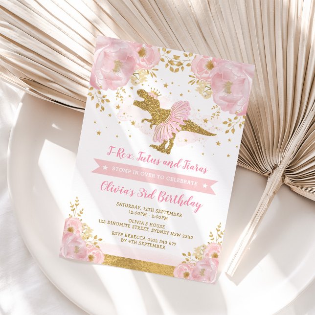 Invitation Mignonne Rose or princesse Dinosaur fille Annivers (Créateur téléchargé)