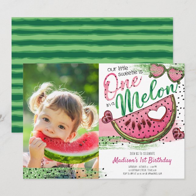 Invitation Mignonne Rose Vert Un Dans Un Melon Photo Annivers (Devant / Derrière)