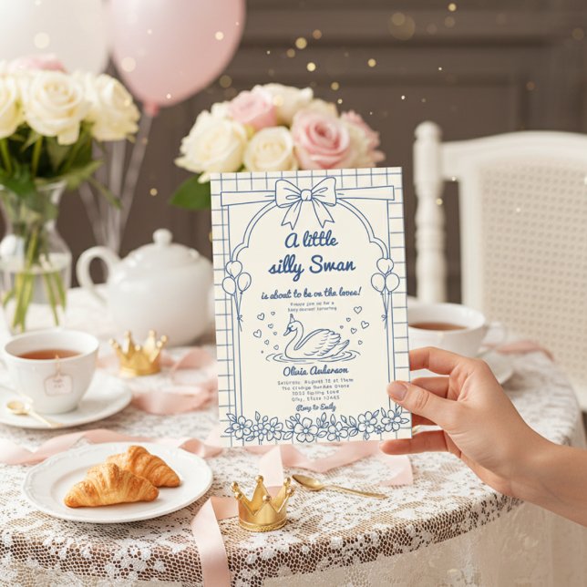 Invitation Mignonne Ruban Gingham bleu cygne fille fleurie (Créateur téléchargé)