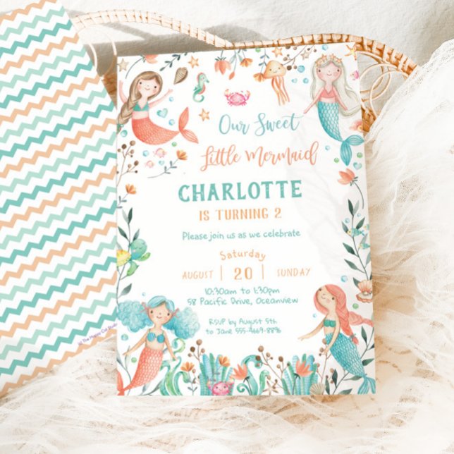 Invitation Mignonne Sirène Anniversaire Sous la Mer Baby Girl (Créateur téléchargé)