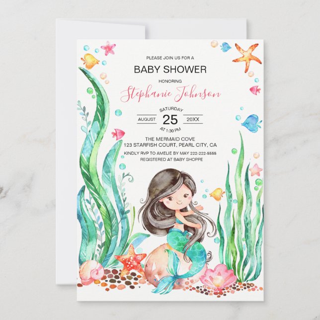 Invitation Mignonne sirène d'aquarelle sous le Baby shower ma (Devant)