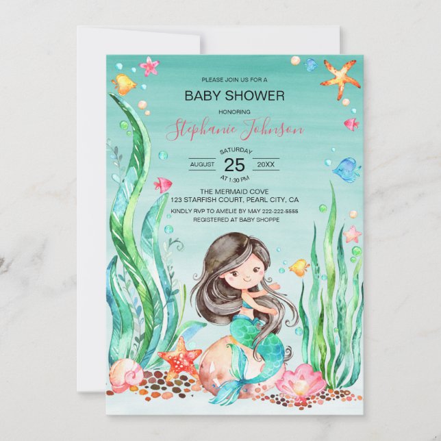 Invitation Mignonne sirène d'aquarelle sous le Baby shower ma (Devant)
