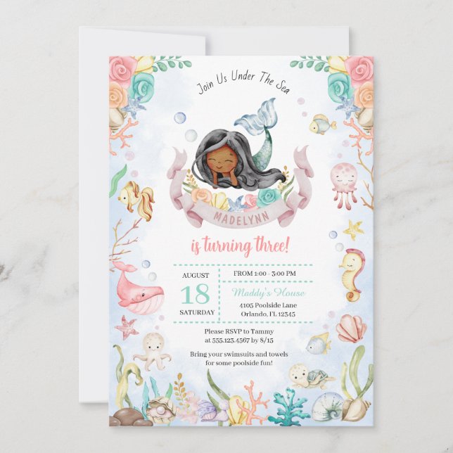 Invitation Mignonne Sirène Sous La Piscine De Mer Fête Annive (Devant)