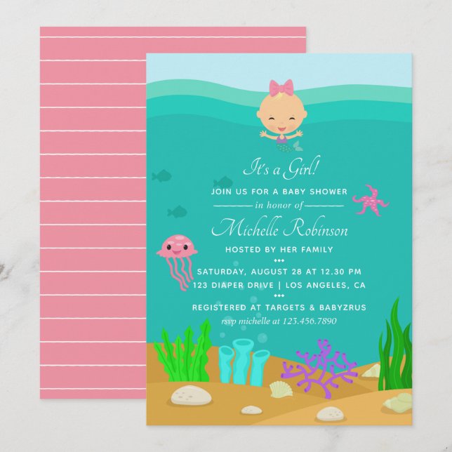 Invitation Mignonne sirène sous le Baby shower des filles de  (Devant / Derrière)